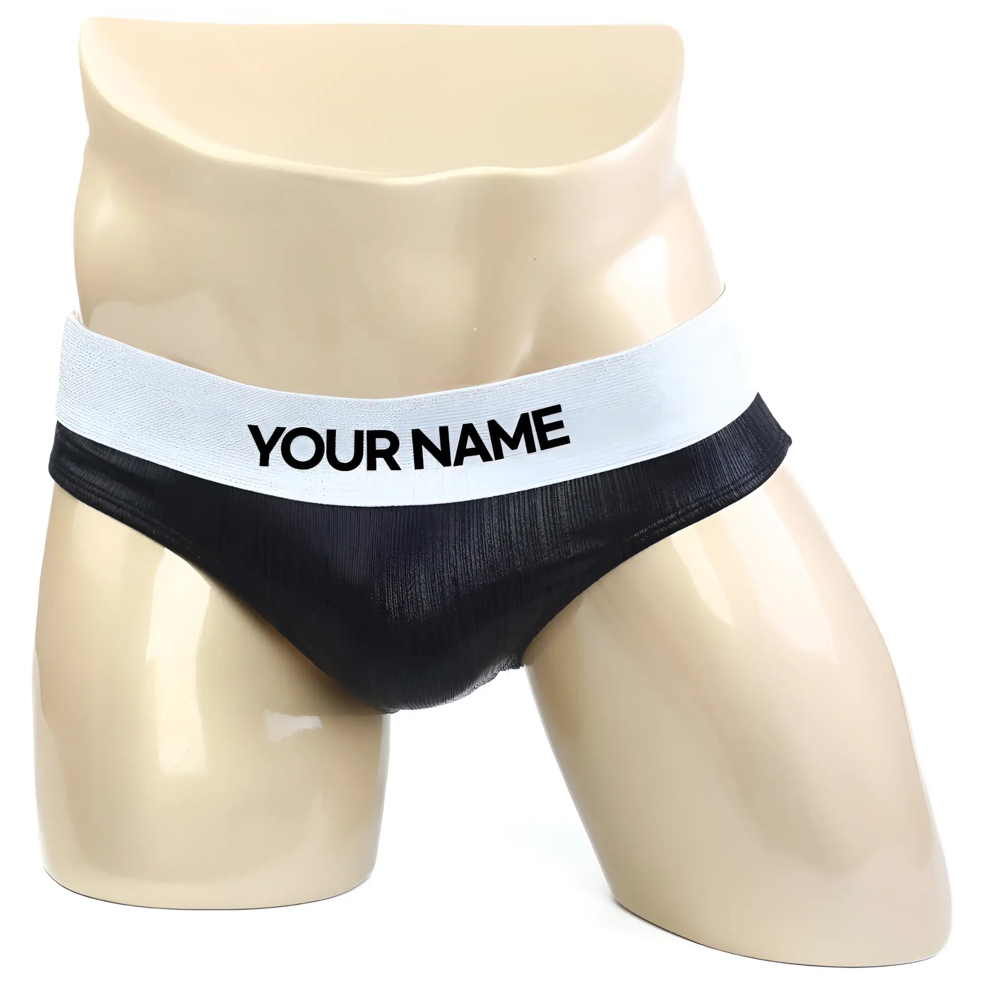 Black mesh briefs with white elastic waistband featuring bold your name text for metroMalewear MetroMuscleWear DIY suit