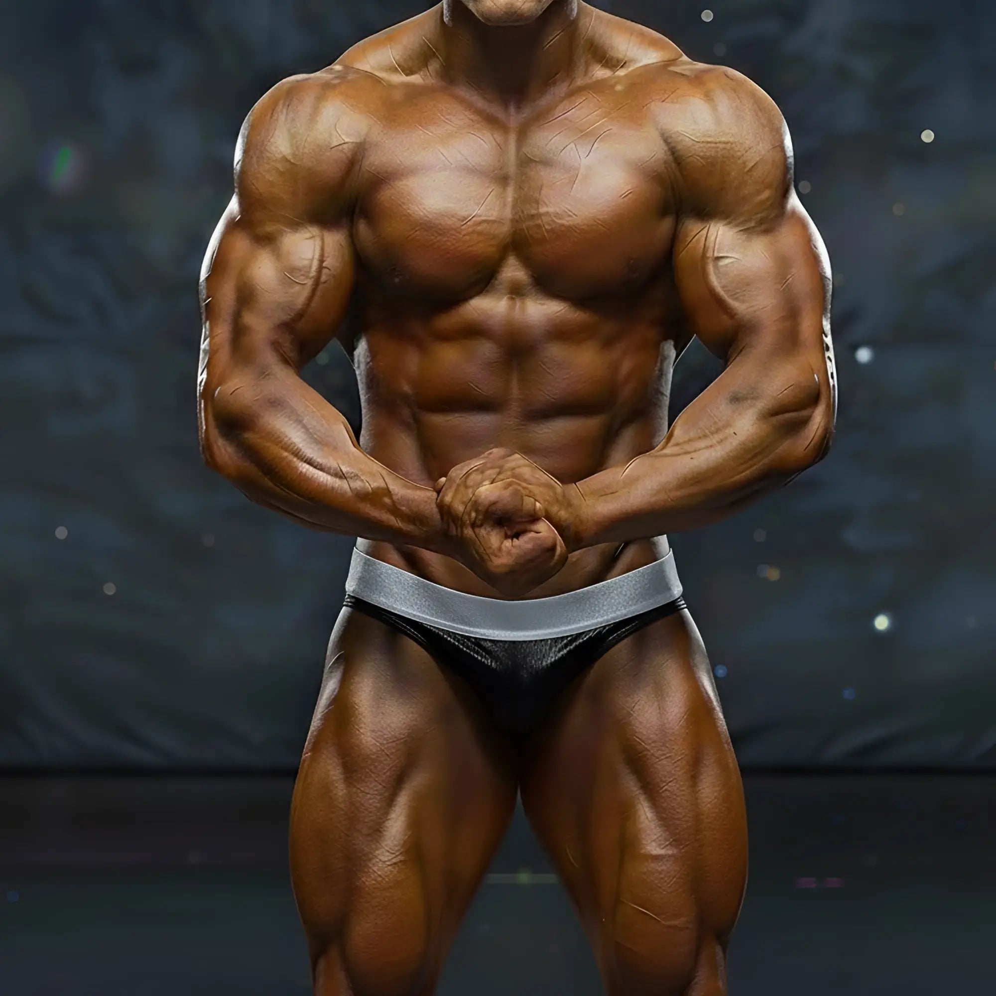 A muscular male bodybuilder wearing black and silver metro musclwear diy competition briefs by metromalewear