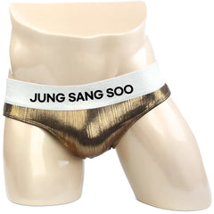 Gold metallic textured briefs with white elastic waistband featuring black jung sang soo text