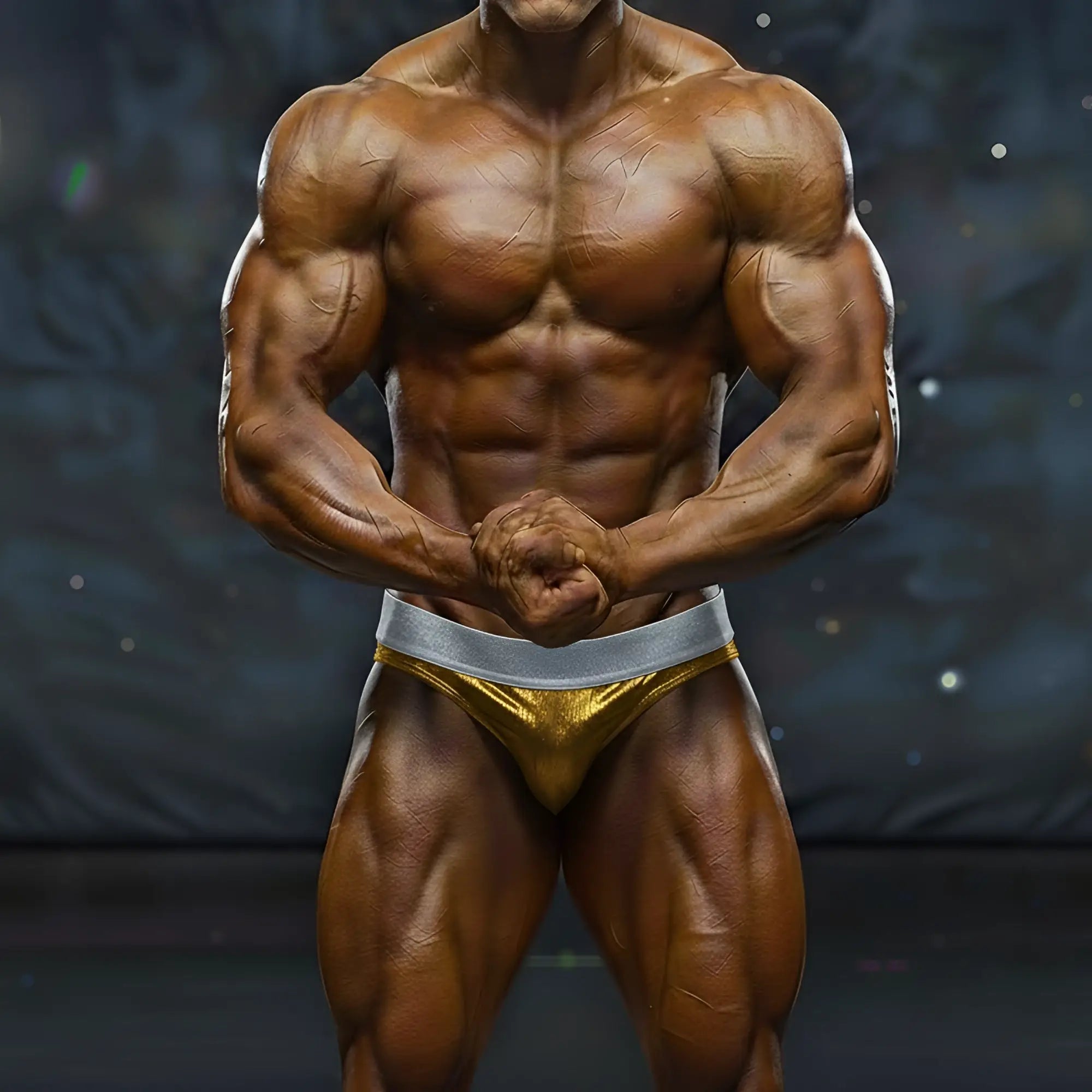 A muscular male bodybuilder wearing shiny gold and silver MetroMaleWear MetroMuscleWear DIY competition briefs