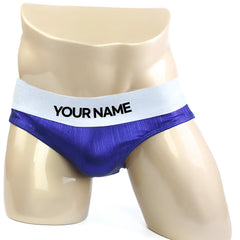 Metro musclwear royal purple textured briefs with white waistband featuring your name in black for competition use