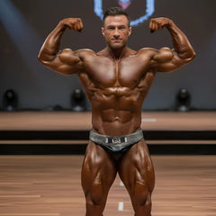 A muscular man with a glossy tanned complexion flexing arms in black MetroMaleWear MetroMuscleWear Elia muscle trunk