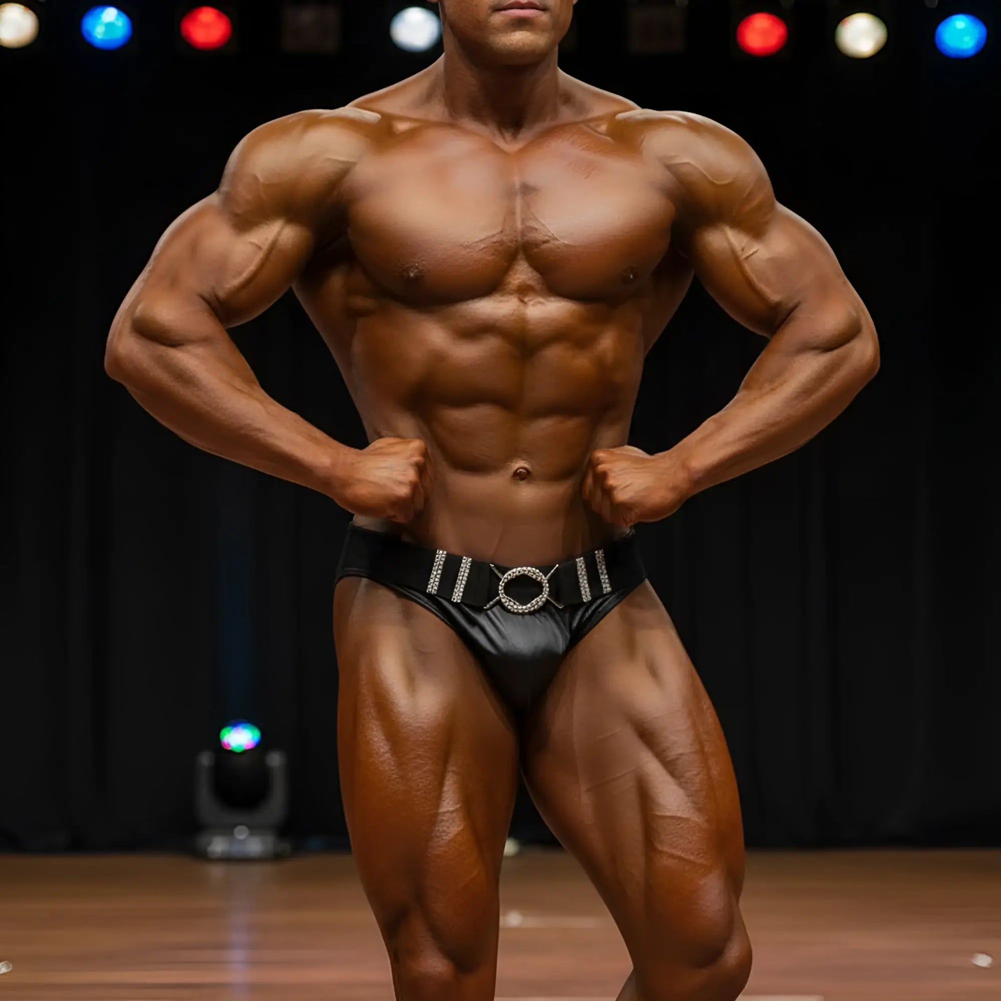 Black leather briefs with a silver rhinestone-embellished belt buckle from MetroMaleWear MetroMuscleWear Forte trunk