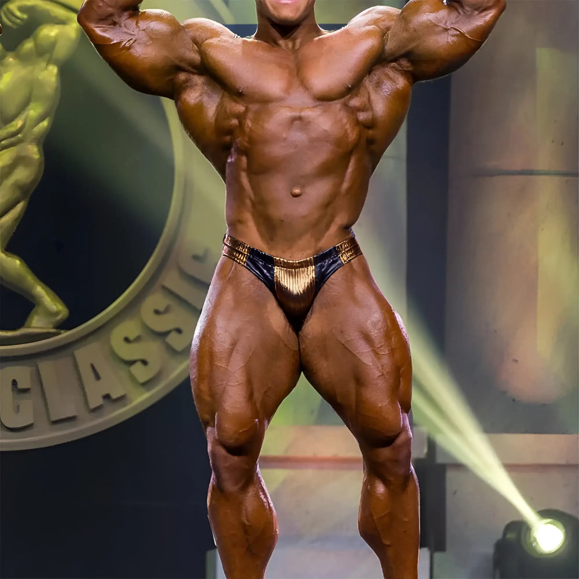 A muscular bodybuilder wearing a black and gold metallic metro musclewear fortuna competition suit 4974-66