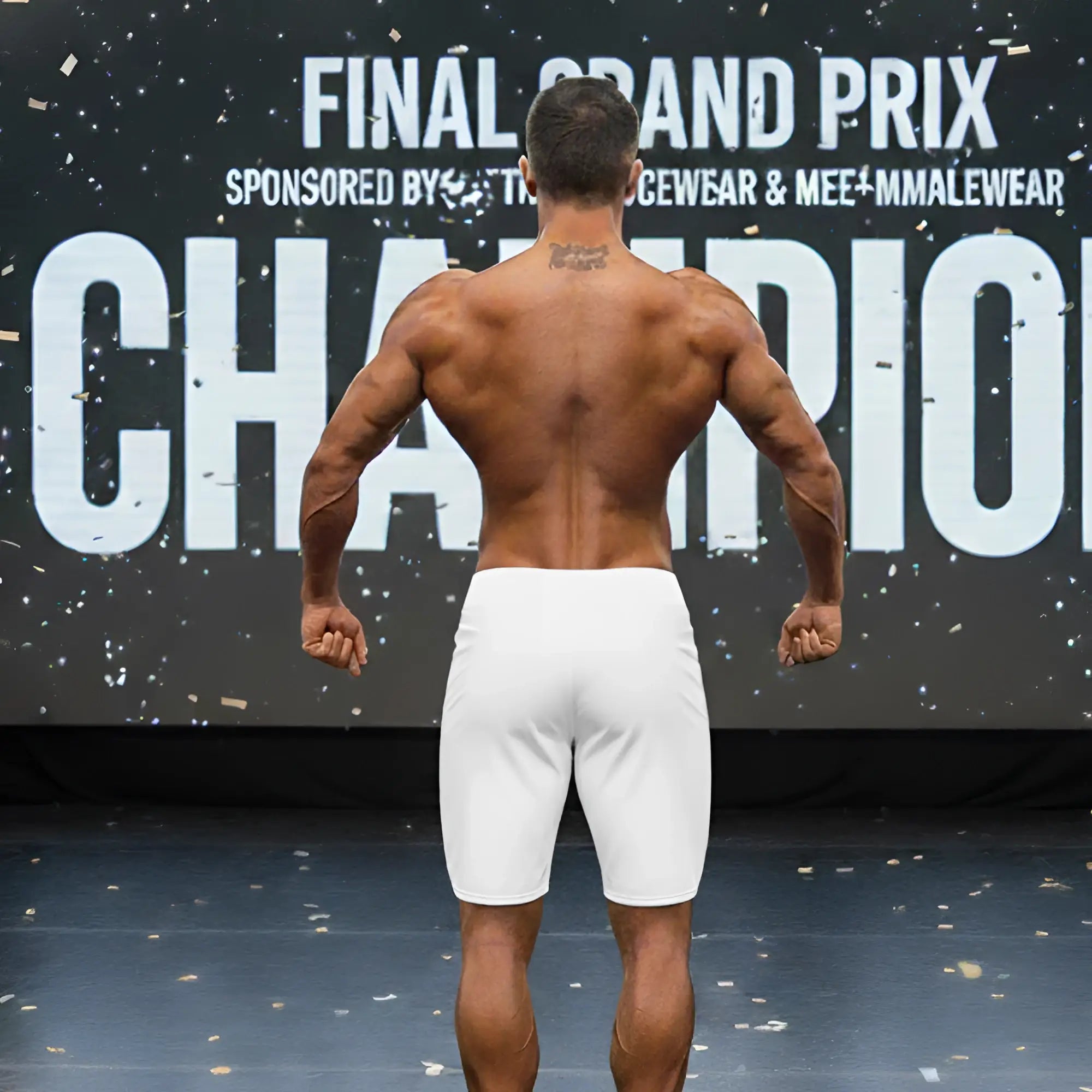 A muscular man shows the back of metro male wear metro muscle wear gold physique white athletic board shorts