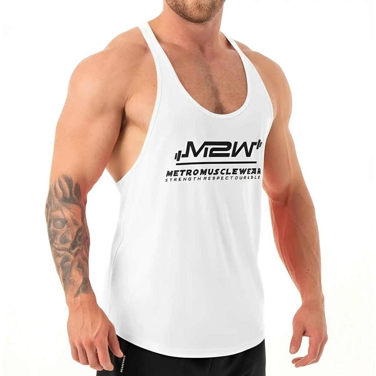 White gym tank top by MetroMaleWear featuring black m2w logo and metromusclewear strength respect durable text