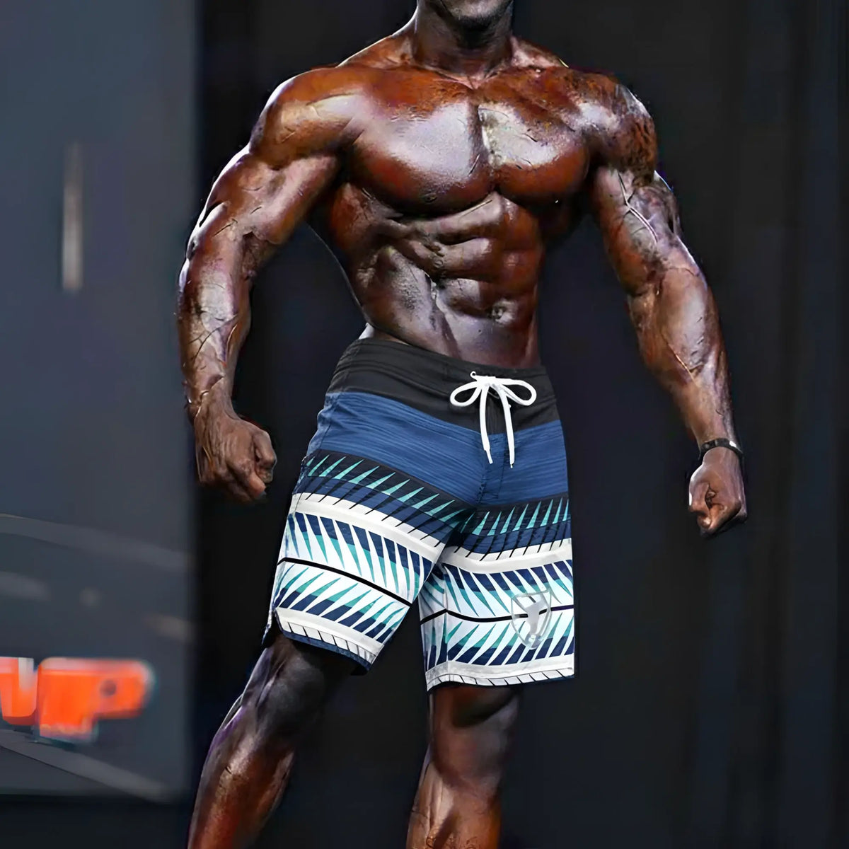MetroMaleWear MetroMuscleWear Harvest physique board short 4716-74 blue white geometric swim trunks with black waistband