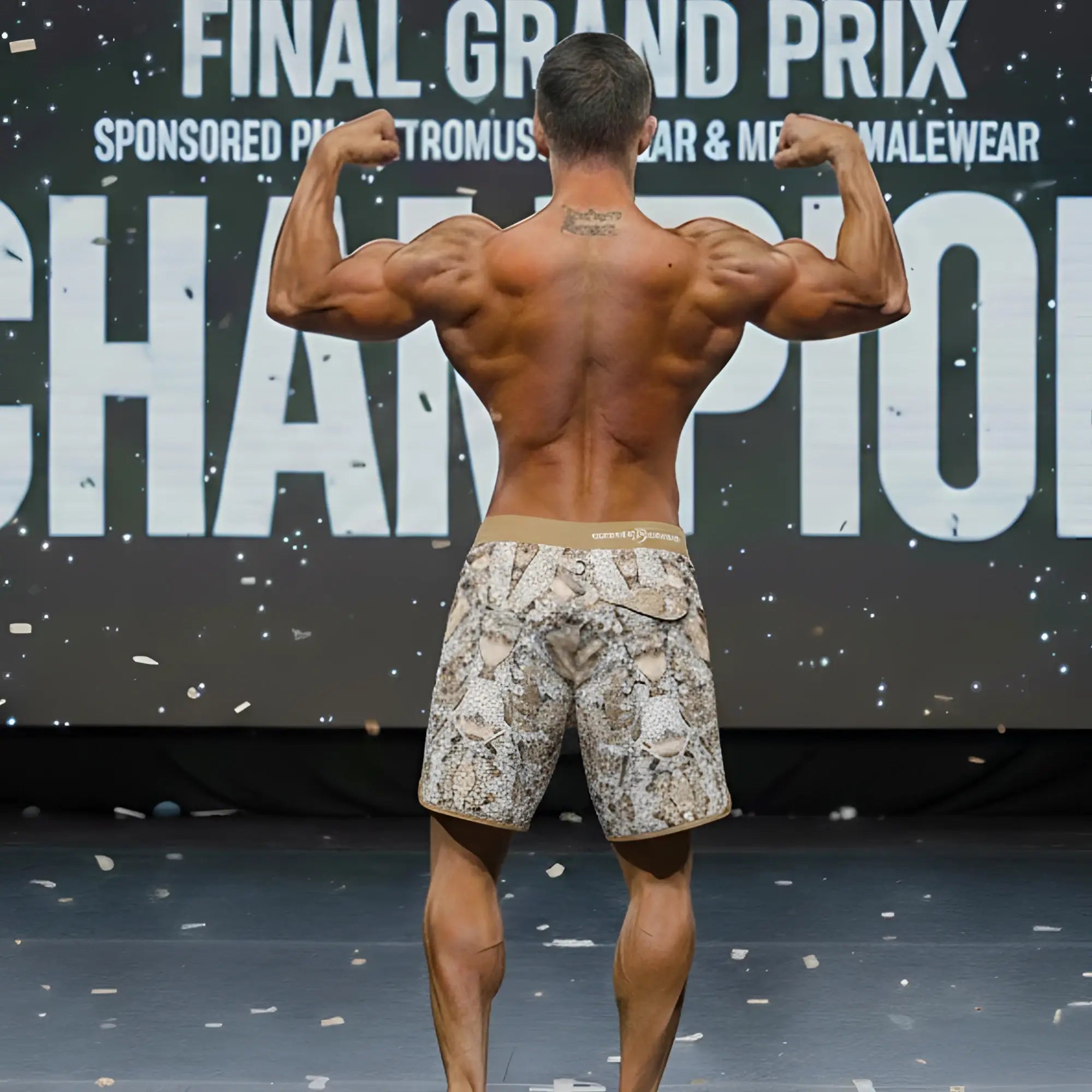 MetroMaleWear MetroMuscleWear honeycomb physique board short in beige and brown snake print with a tan waistband