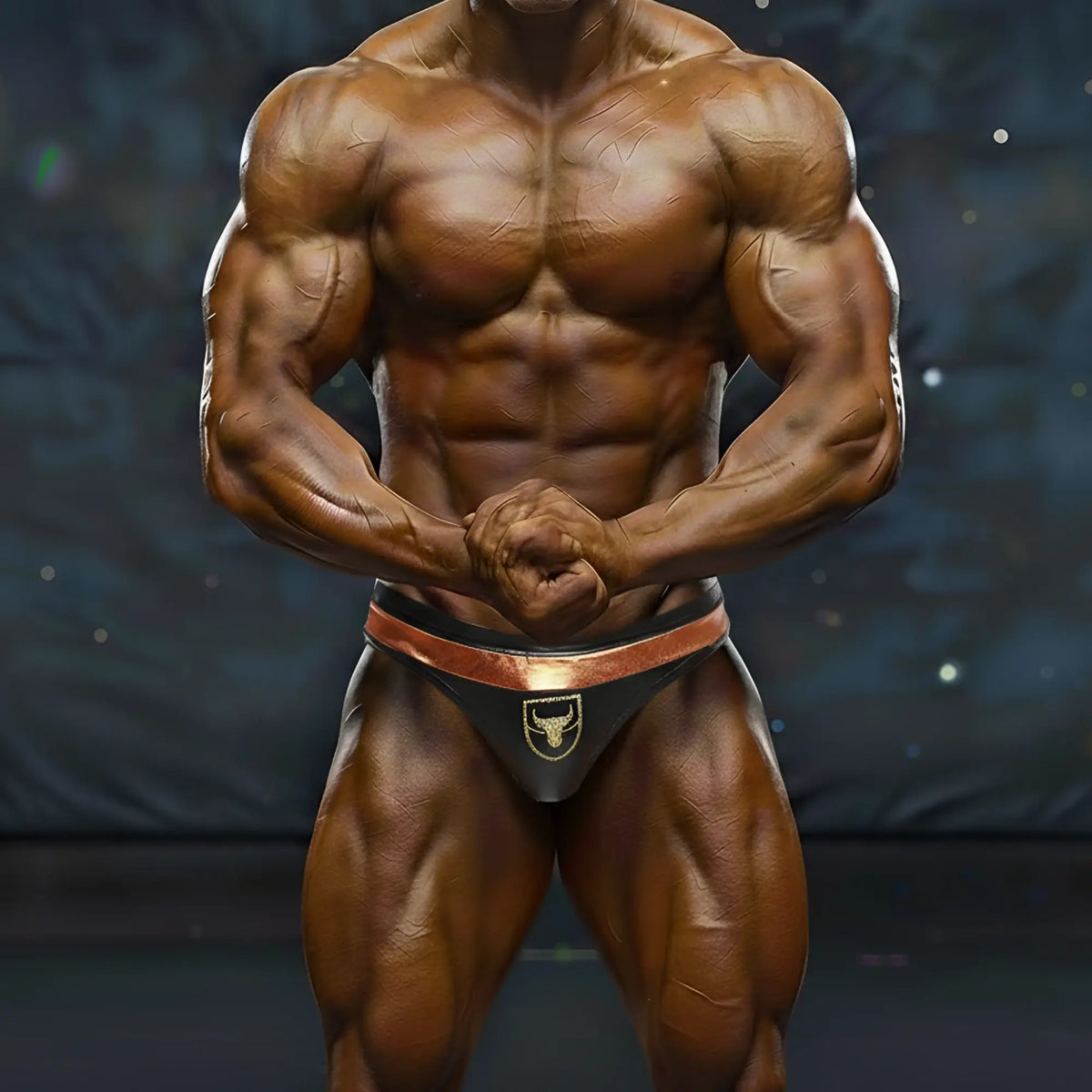 Black and copper trimming bodybuilding briefs with a gold bull emblem from MetroMaleWear Hudson competition suit
