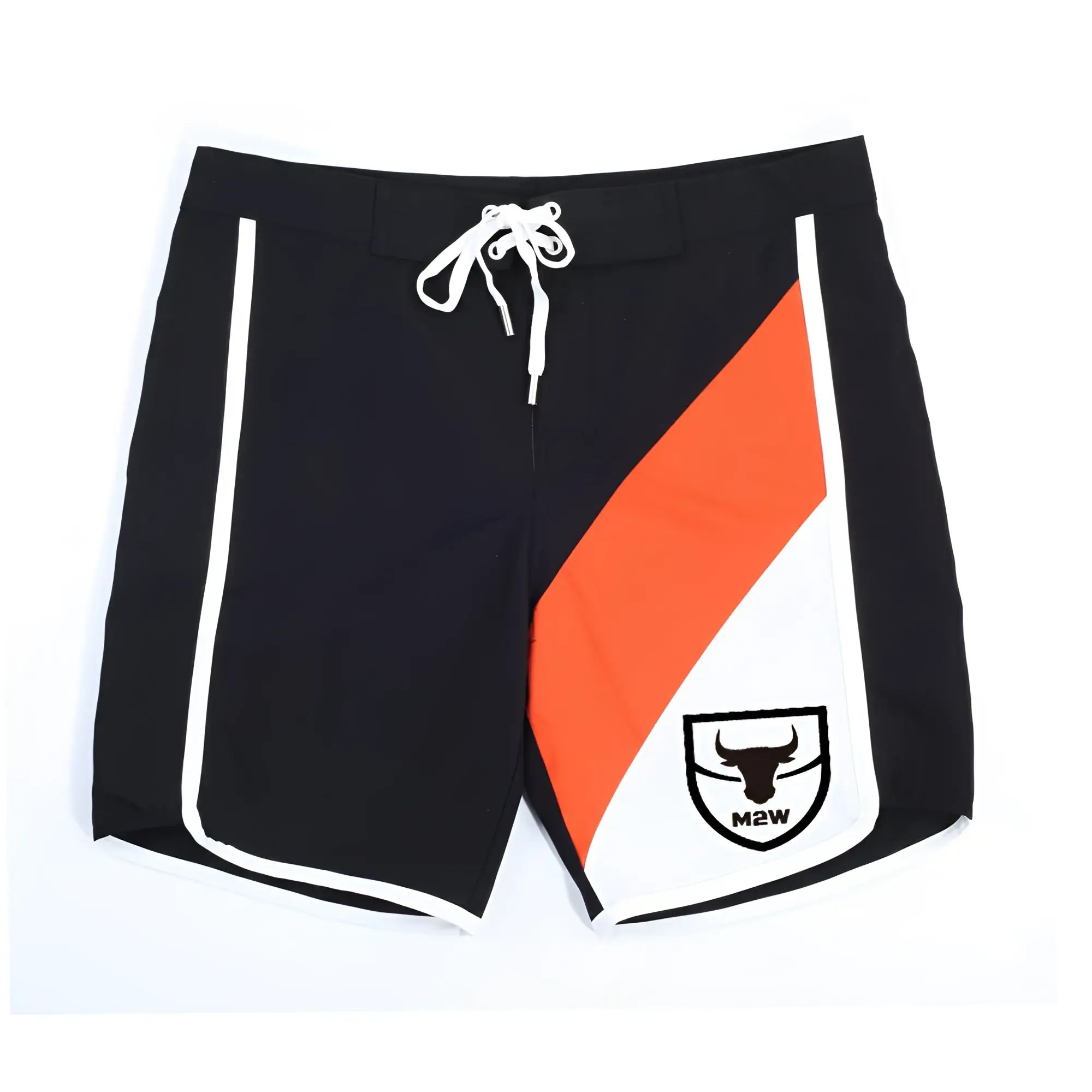 MetroMaleWear MetroMuscleWear IFBB Pro men’s black board shorts with bold orange white stripe and white drawstring waistband