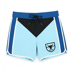 MetroMaleWear MetroMuscleWear IFBB Pro mens physique board shorts blue with black panel white stripes and bull shield logo