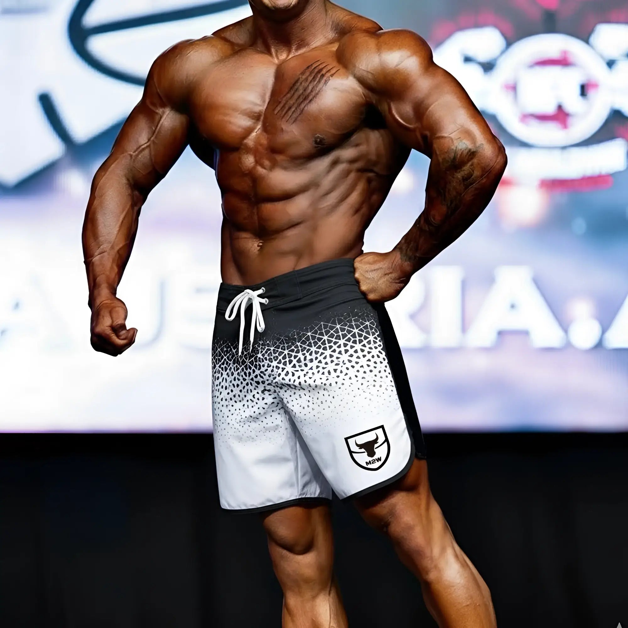 MetroMaleWear MetroMuscleWear IFBB Pro mens physique board short black and white geometric pattern with white drawstring