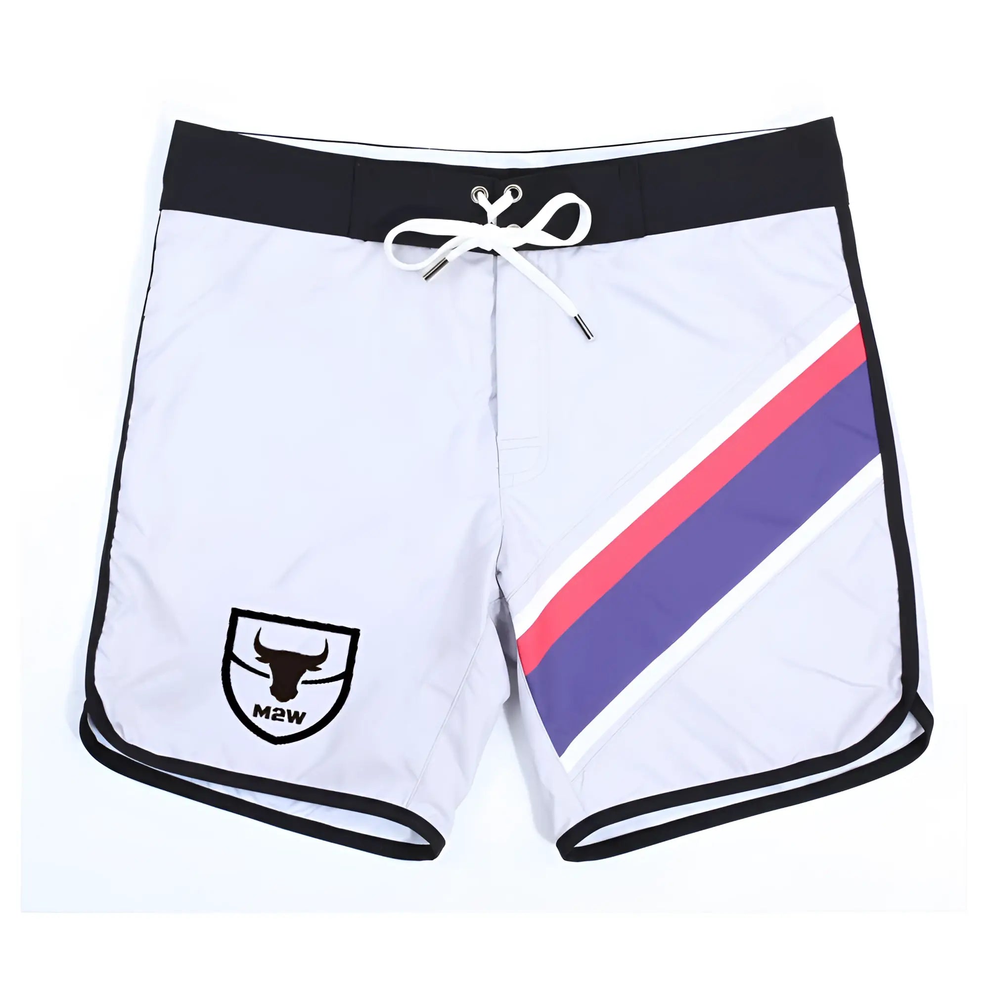 White board shorts with bold diagonal pink and purple stripe black trim and m2w logo from metromalewear metro musclewear