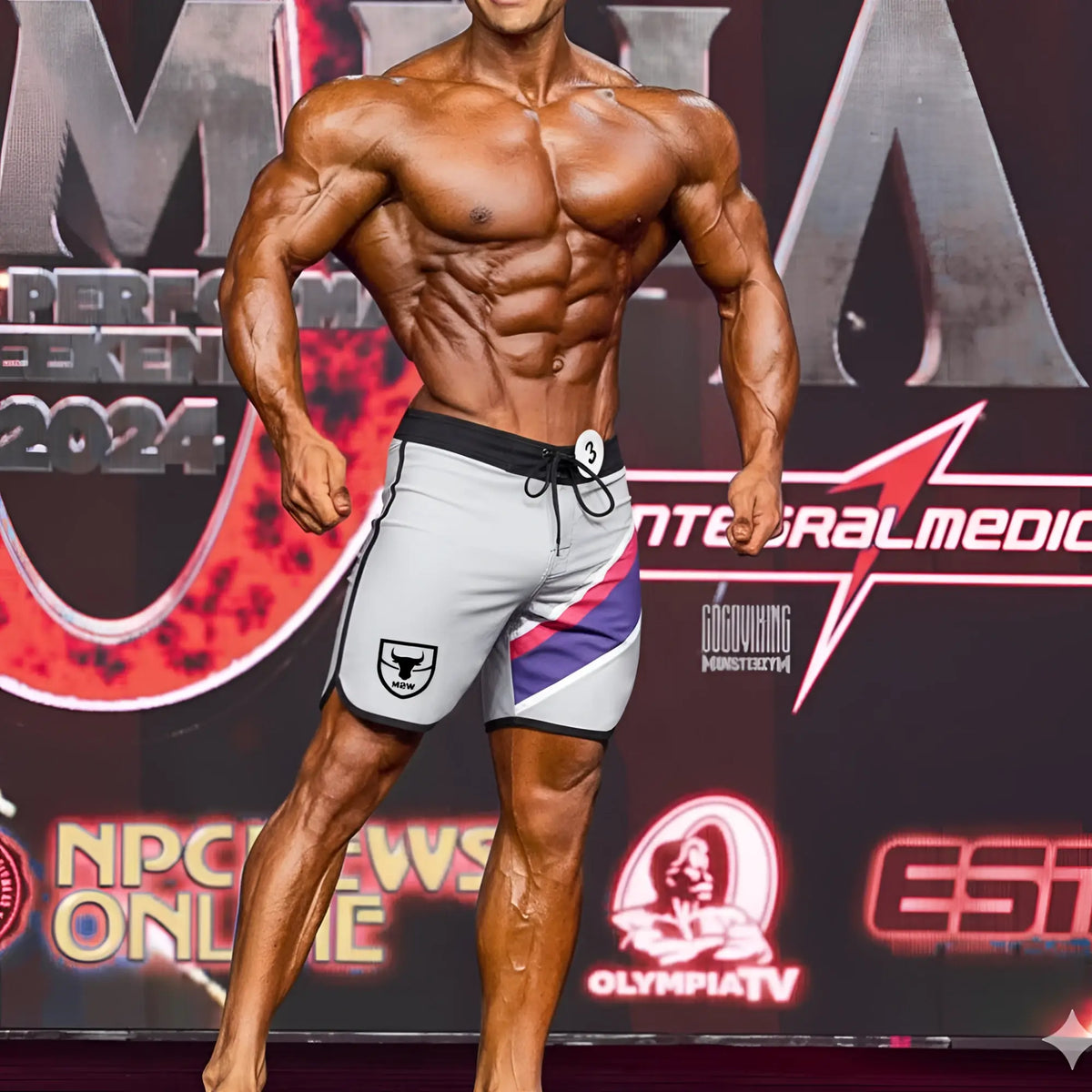 Gray metromusclewear ifbb pro mens physique board shorts with black trim purple pink stripe and white bull logo