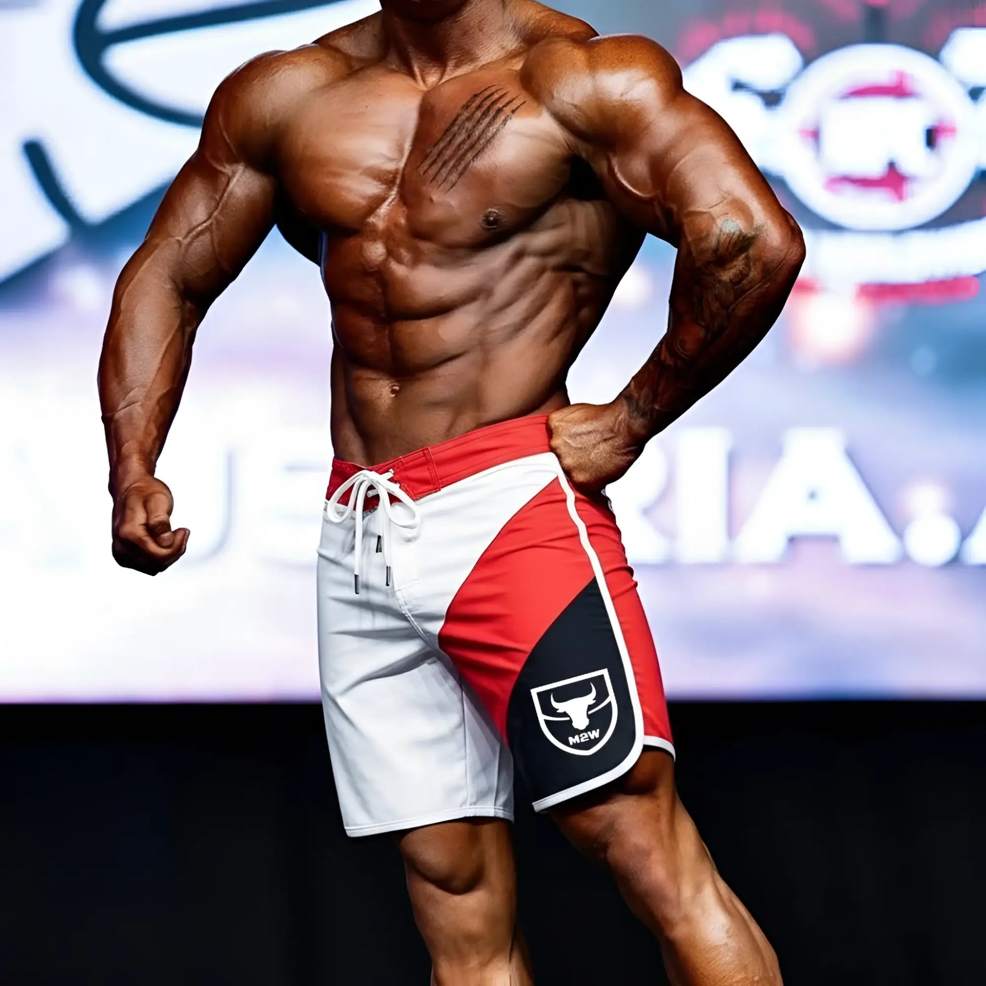 Red white and black MetroMaleWear MetroMuscleWear IFBB Pro mens physique board shorts with bull logo on side
