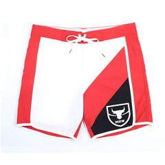 MetroMaleWear MetroMuscleWear ifbb pro mens physique board shorts in red white and black with bold diagonal stripe