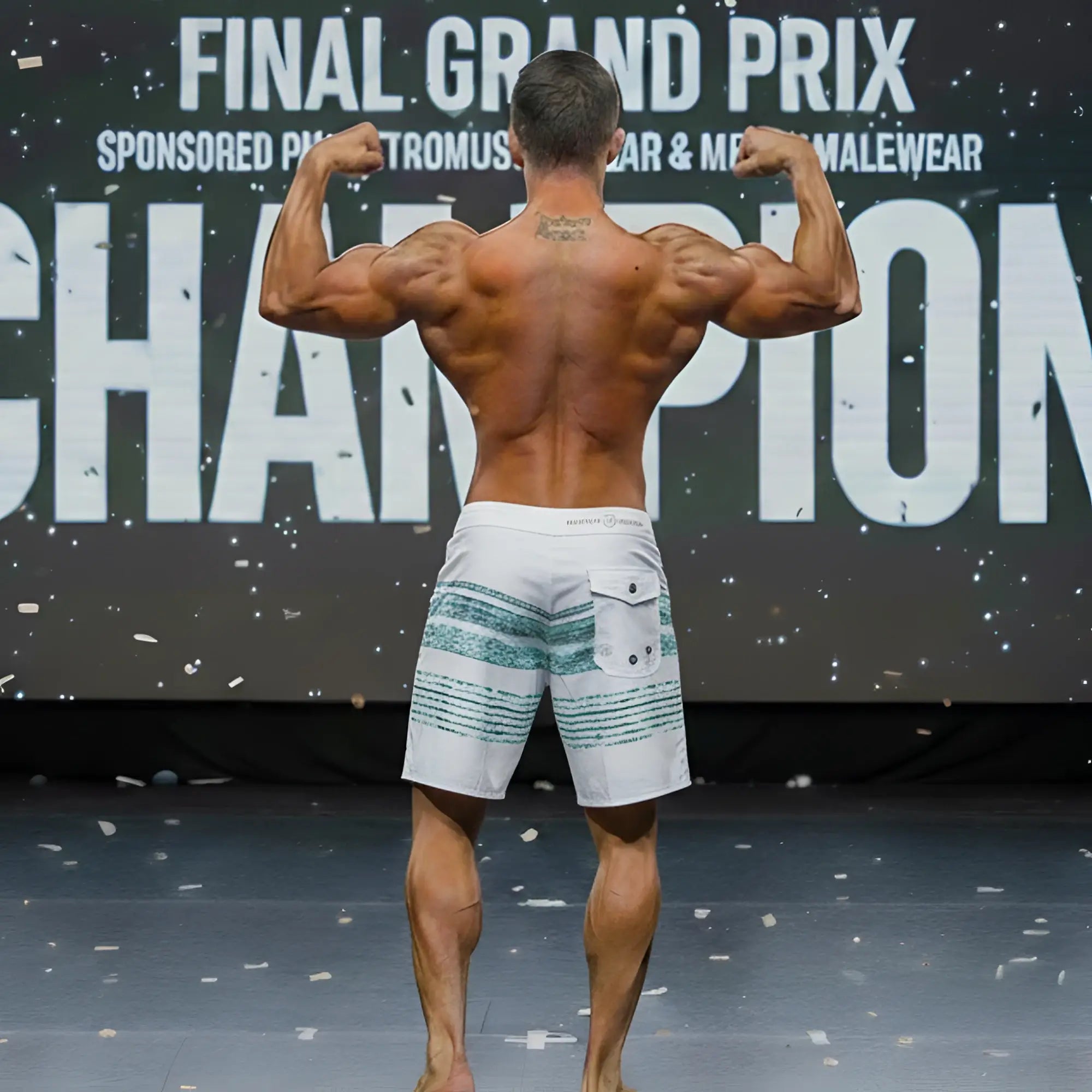 White board shorts with teal horizontal stripes and front pocket from MetroMaleWear MetroMuscleWear Innocent Physique
