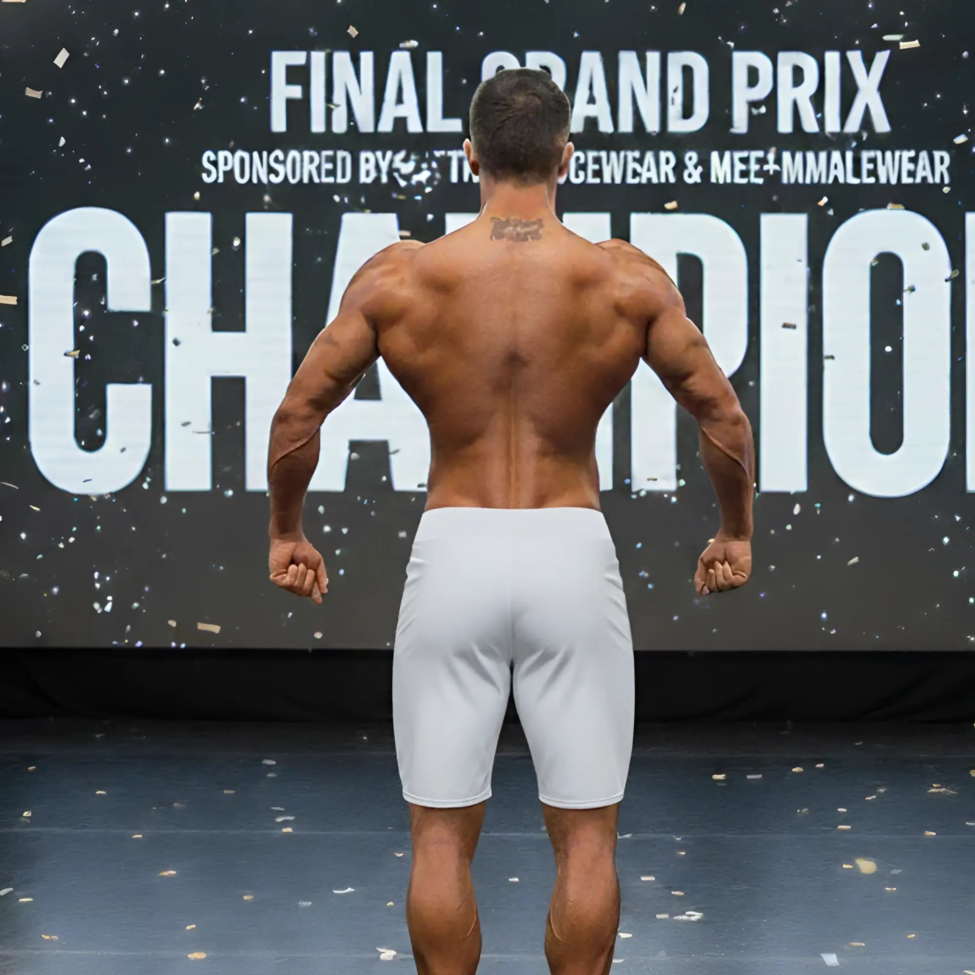 A muscular man wearing gray metroMuscleWear insignia physique board shorts stands with his back to the camera