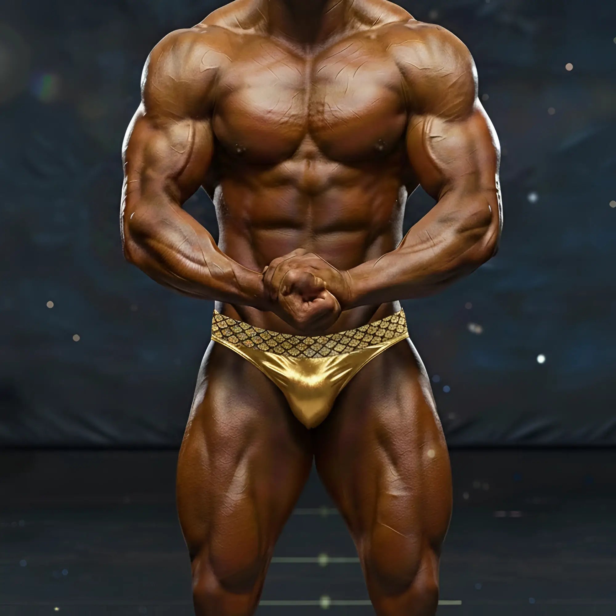 Shiny gold metallic briefs with a subtle geometric pattern metro malewear jupiters competition suit front view