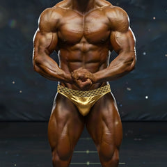Shiny gold metallic briefs with a subtle geometric pattern metro malewear jupiters competition suit front view