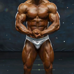Shiny silver briefs with patterned waistband from MetroMaleWear MetroMuscleWear Jupiter Competition Suit 4974-89