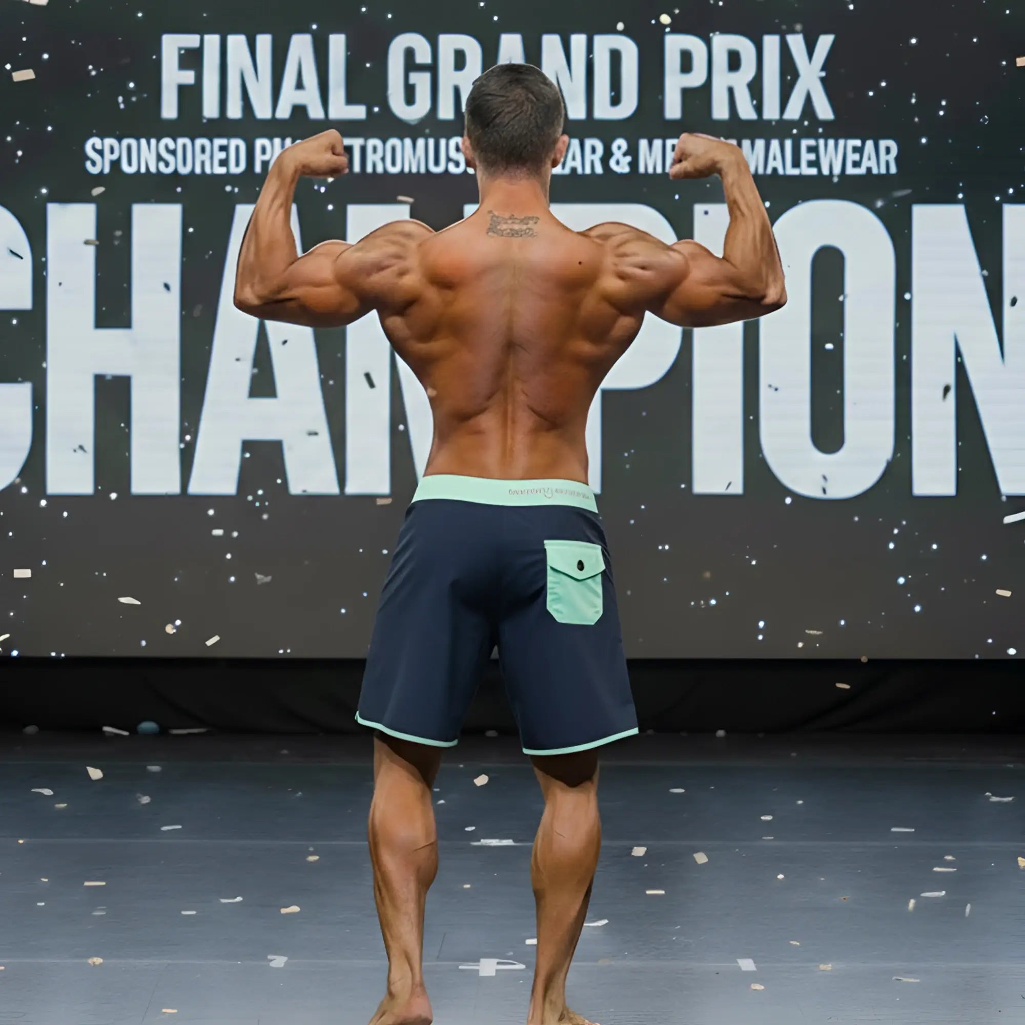 A muscular man wearing navy blue MetroMaleWear MetroMuscleWear Marine Physique board shorts with light green waistband
