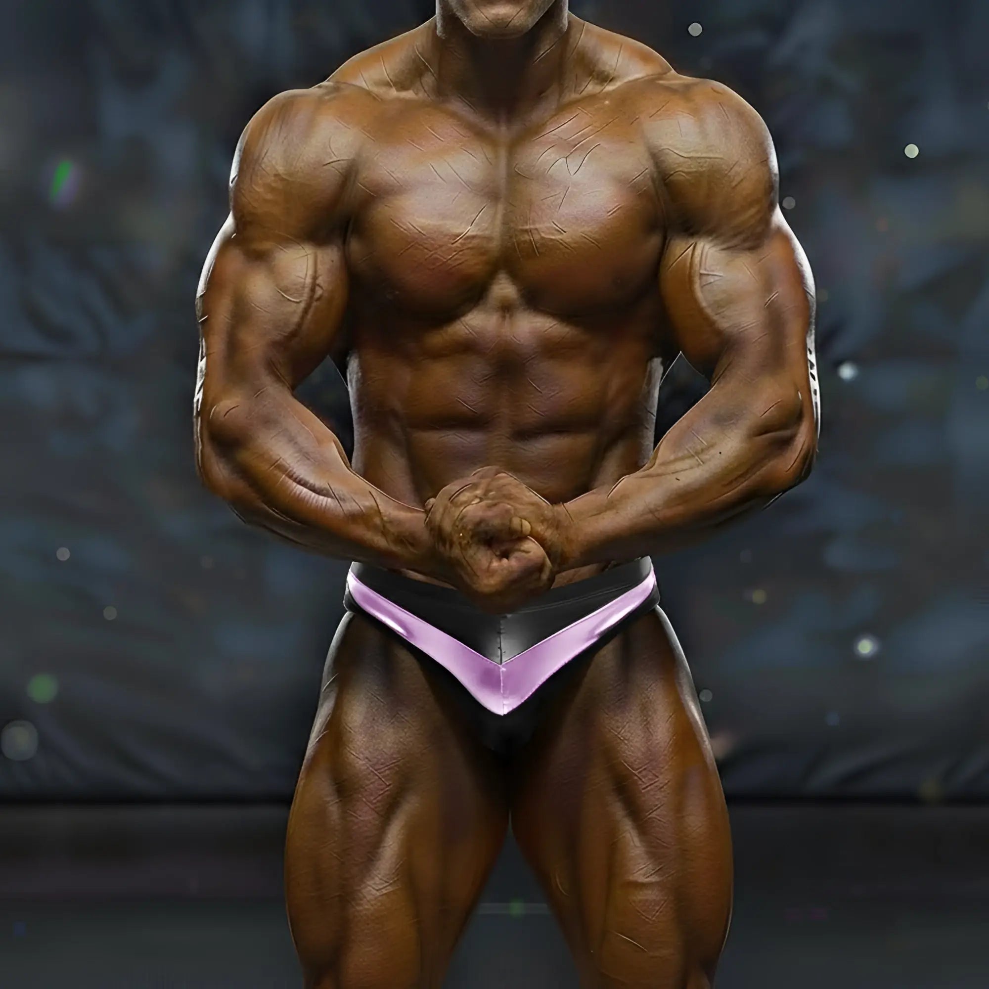 A muscular bodybuilder wearing black and purple MetroMaleWear MetroMuscleWear Mark competition briefs