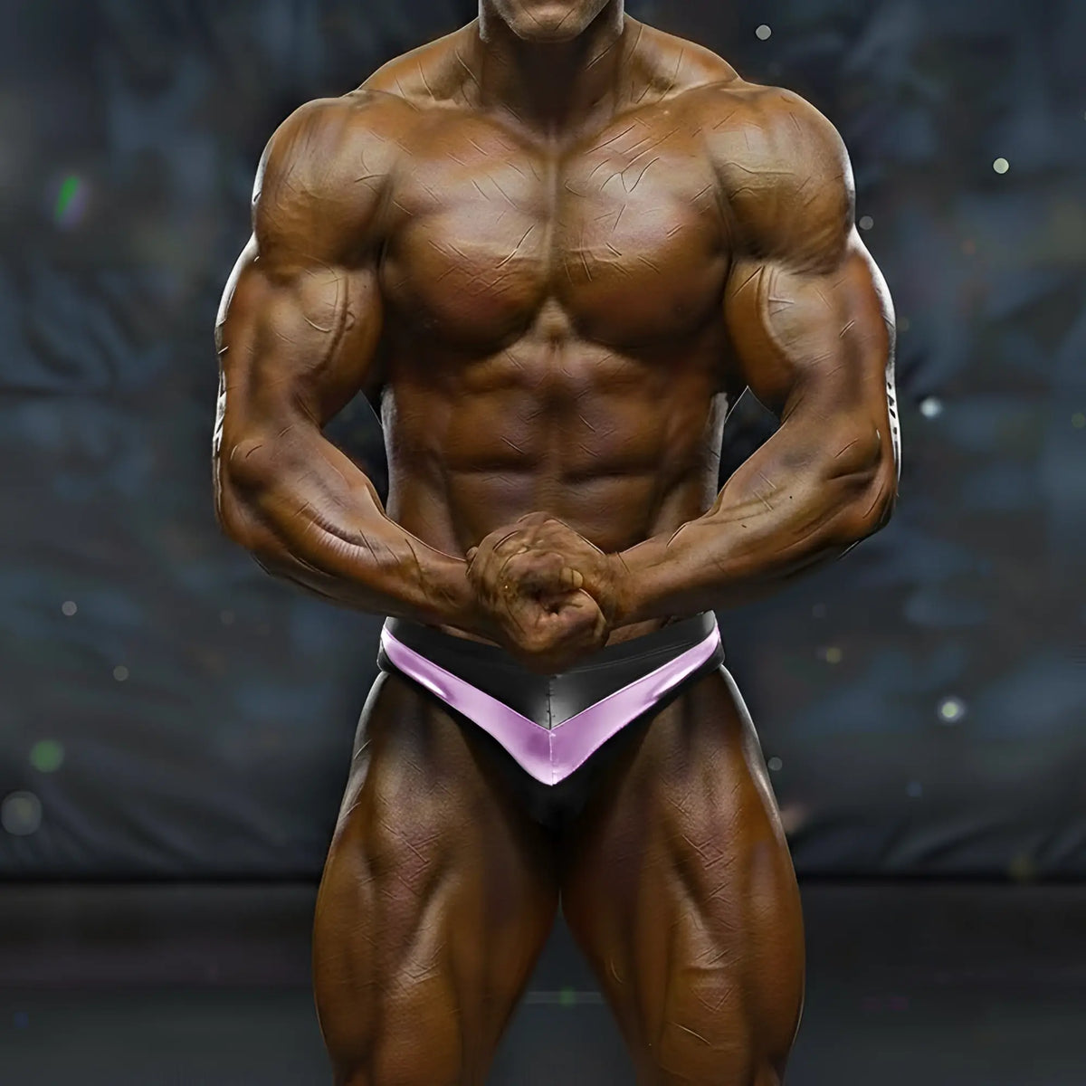 A muscular bodybuilder wearing black and purple MetroMaleWear MetroMuscleWear Mark competition briefs