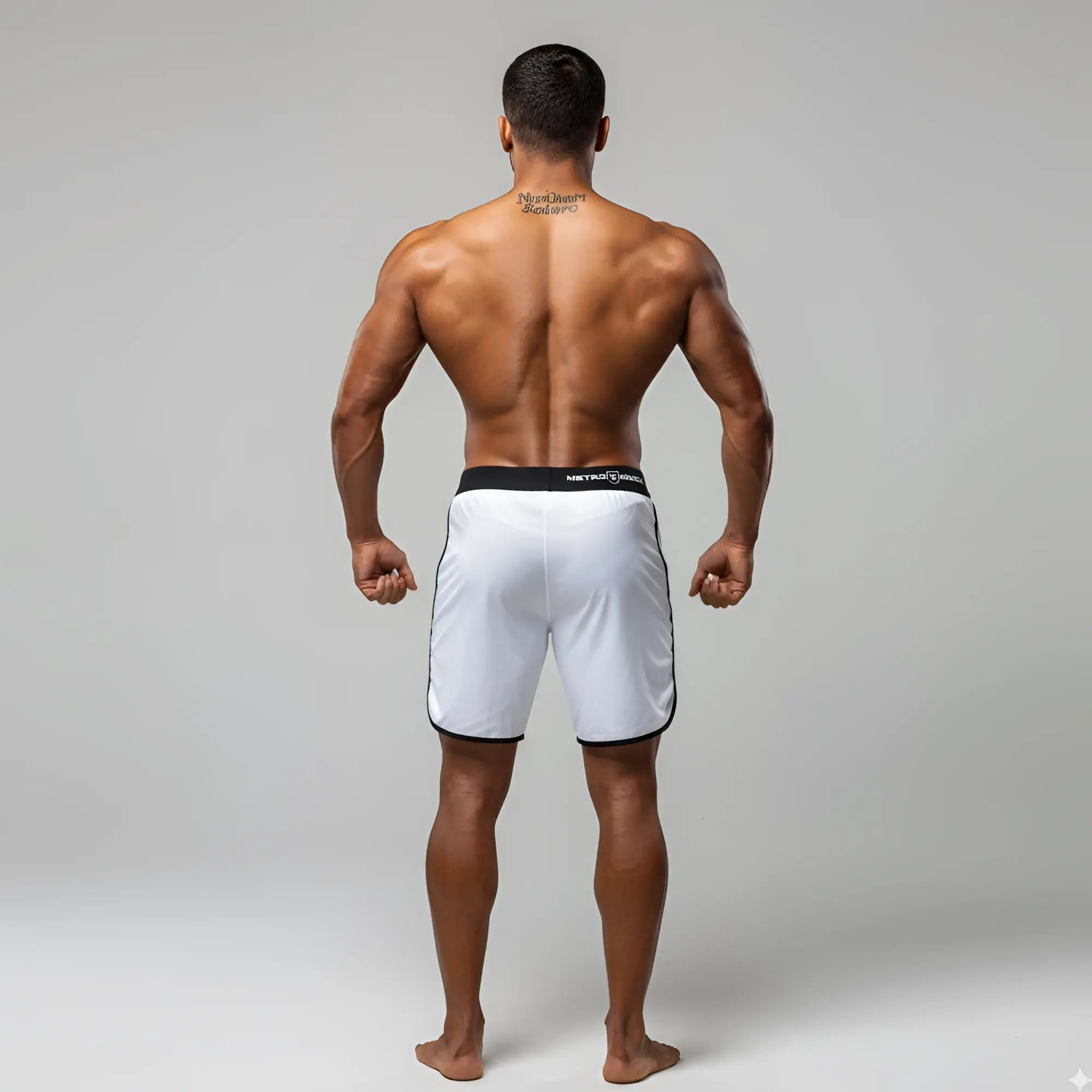 White MetroMaleWear MetroMuscleWear Mark Physique board shorts with black trim and branded waistband for activewear