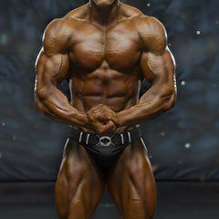 A muscular bodybuilder wearing black muscle trunks with a silver white decorative belt from MetroMaleWear