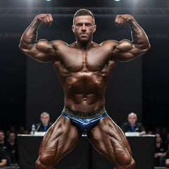 Blue and gold competition briefs with greek key design from metromalewear metromusclewear muscle trunk collection