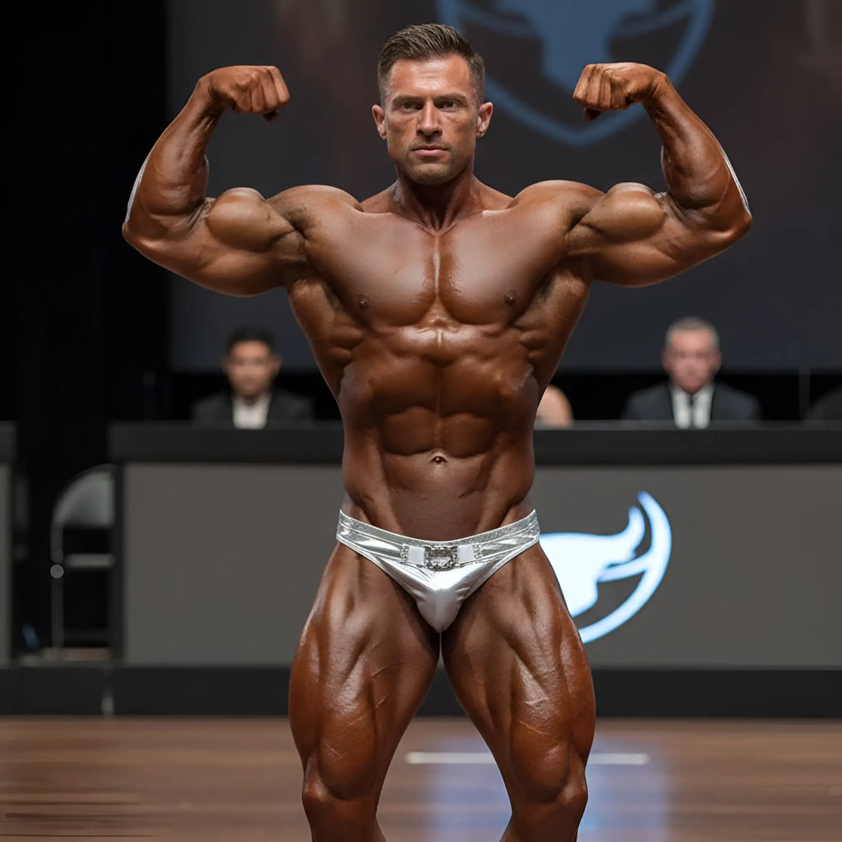 A muscular man wearing shiny silver MetroMaleWear MetroMuscleWear muscle trunks with decorative belt buckle