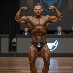 A muscular man flexing in black MetroMaleWear MetroMuscleWear Muscle Trunk Obsidiana 4700-42 briefs with white bull logo