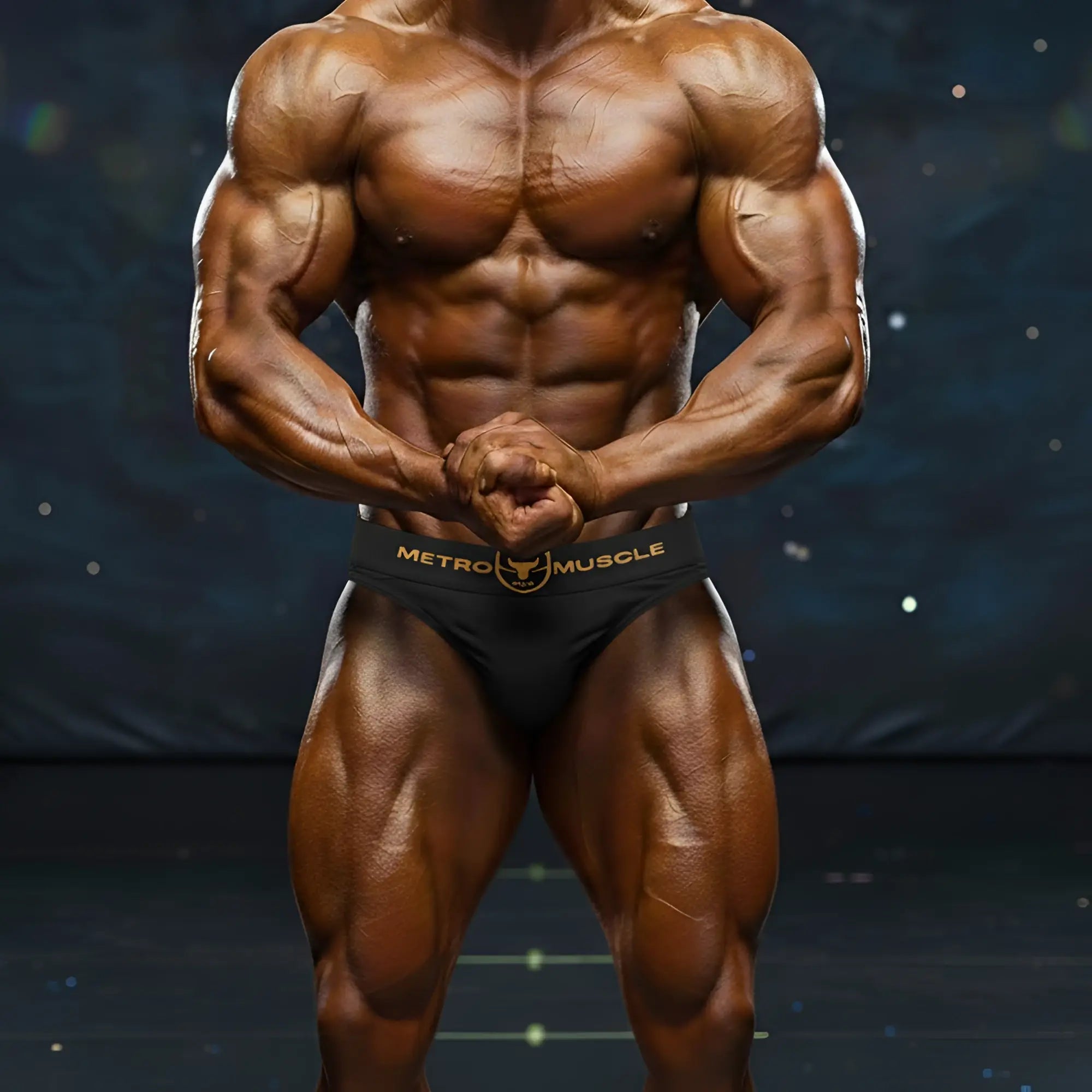 Black athletic briefs with gold metro muscle branding and a bull logo from MetroMaleWear Muscle Trunk Sombrio 4700-25