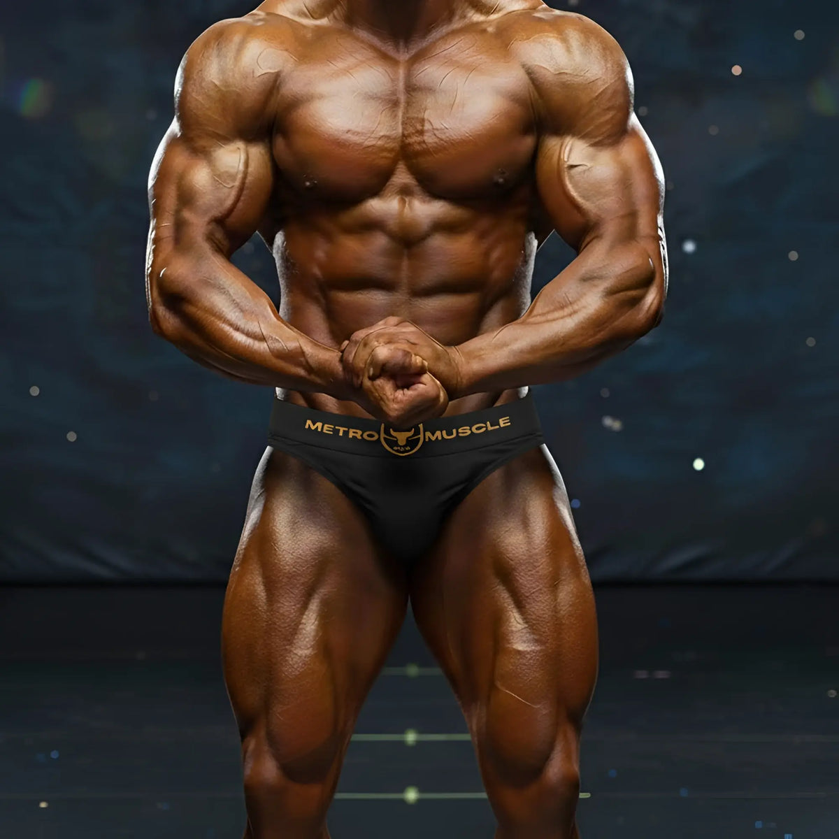 Black athletic briefs with gold metro muscle branding and a bull logo from MetroMaleWear Muscle Trunk Sombrio 4700-25