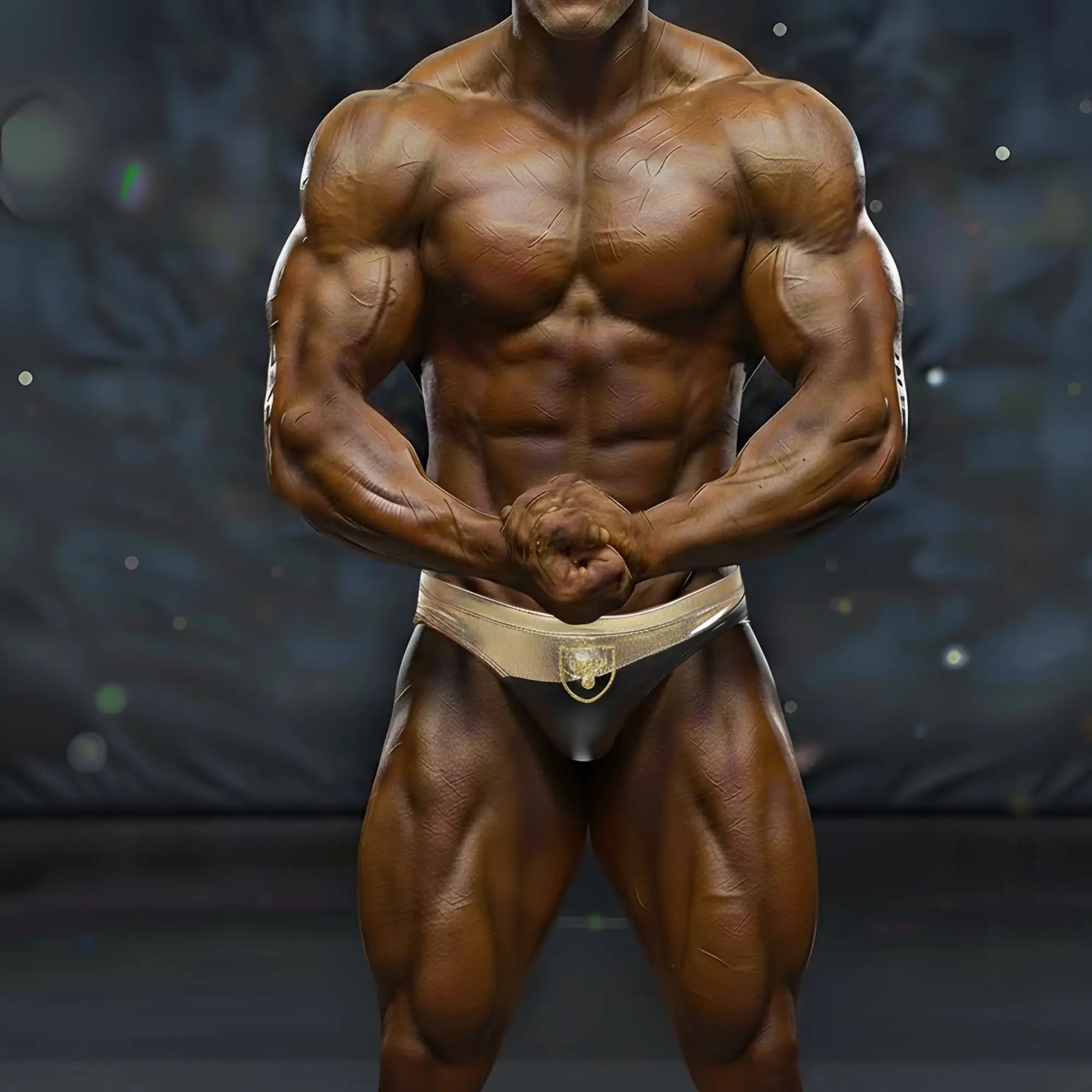 MetroMaleWear MetroMuscleWear Samuel competition suit gold black and gold bodybuilding briefs with metallic lion emblem