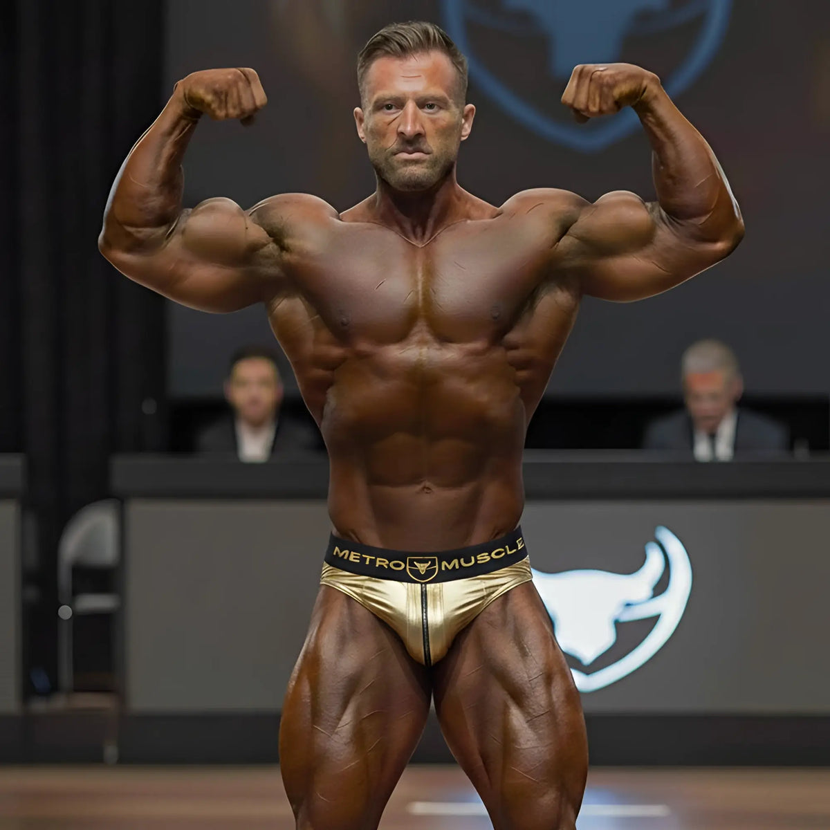Gold metallic briefs with black metro muscle waistband and bull logo from MetroMaleWear Sierra Competition Suit
