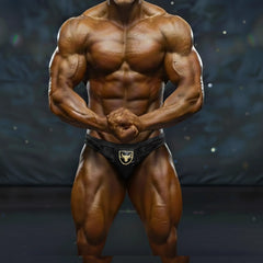 Black athletic briefs with gold bull logo from metromalewear metromusclewear theodore competition suit 4974-45