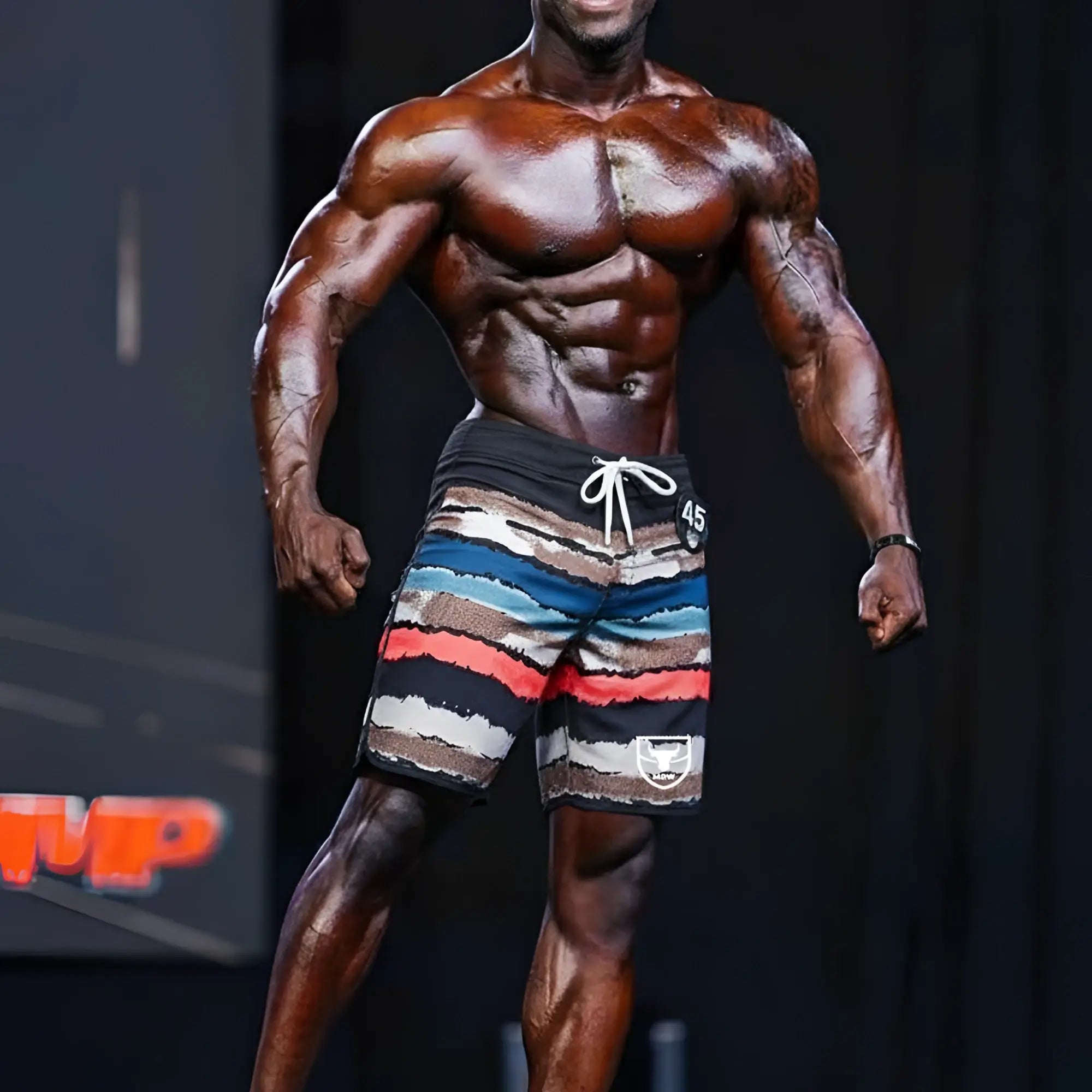 MetroMaleWear MetroMuscleWear Tiger Physique board short with black blue red beige stripes and white drawstring