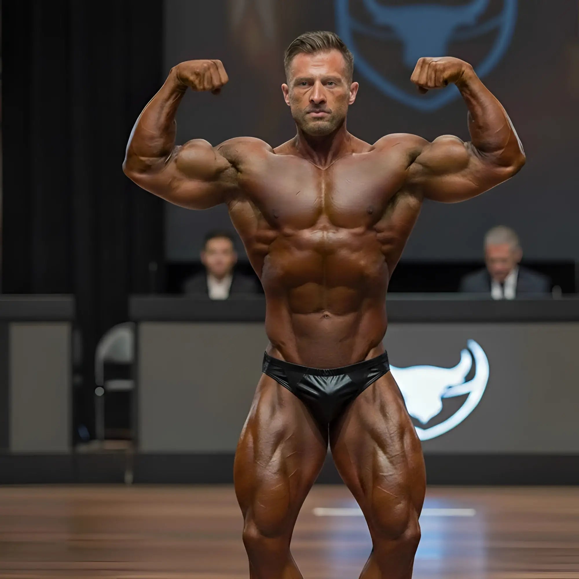 A muscular man wearing black shiny MetroMaleWear MetroMuscleWear Zeus muscle trunk flexing on stage