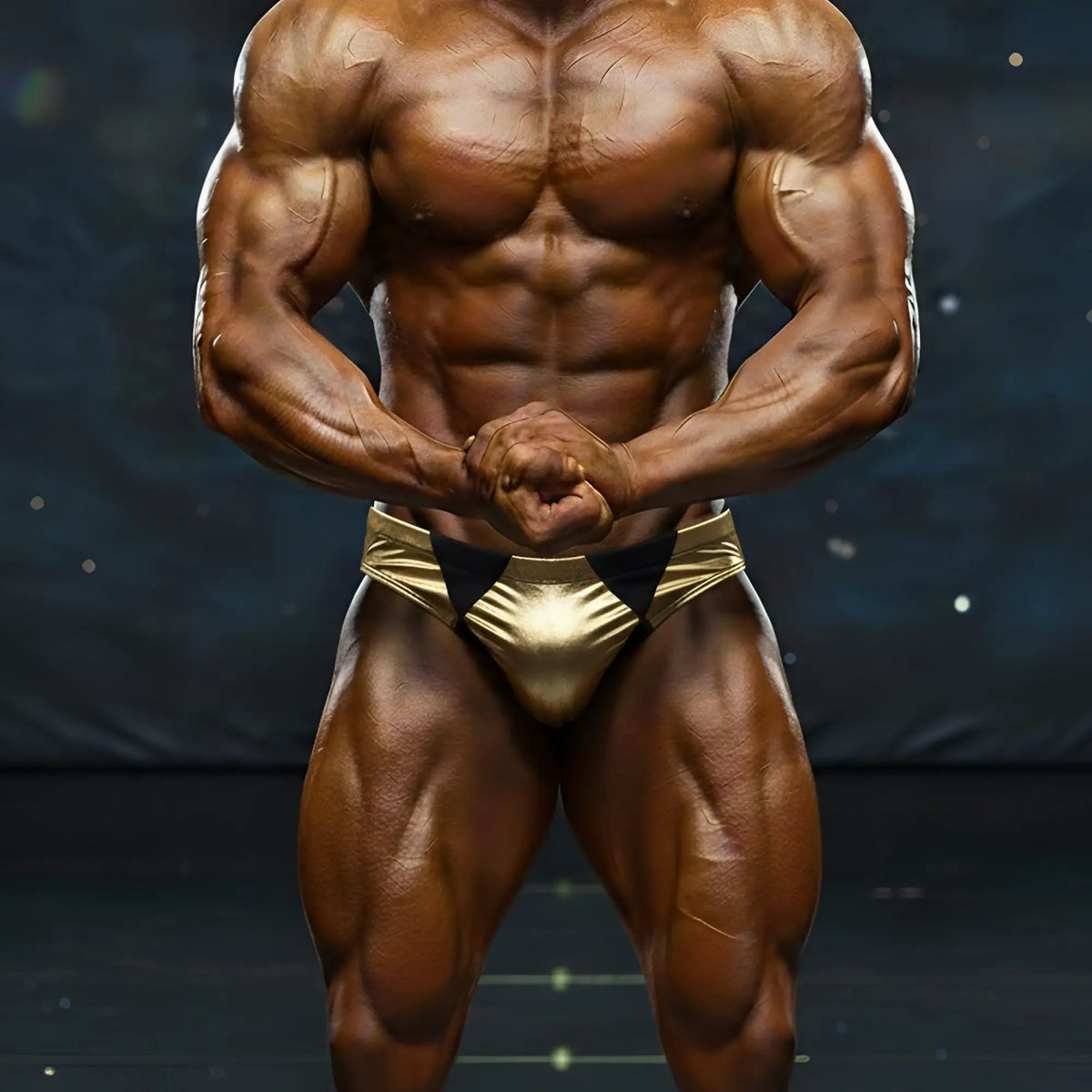 Shiny gold metallic briefs with black triangular accents metro male wear zeus muscle trunk 4700-81 front view