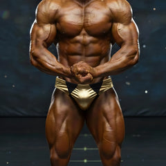 Shiny gold metallic briefs with black triangular accents metro male wear zeus muscle trunk 4700-81 front view