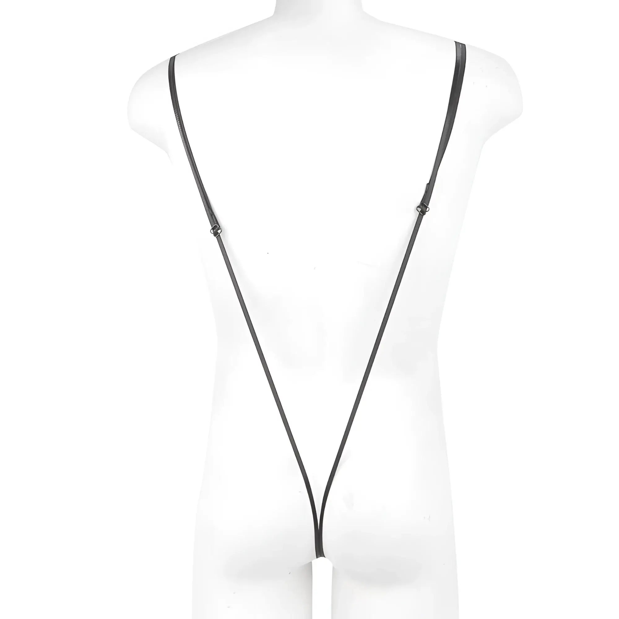 Black leather strap with adjustable metal clasps and a white cylindrical attachment from MetroMaleWear Miami bodysuit black 0008-20