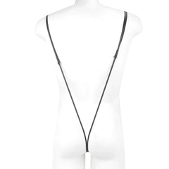 Black leather strap with adjustable metal clasps and a white cylindrical attachment from MetroMaleWear Miami bodysuit black 0008-20