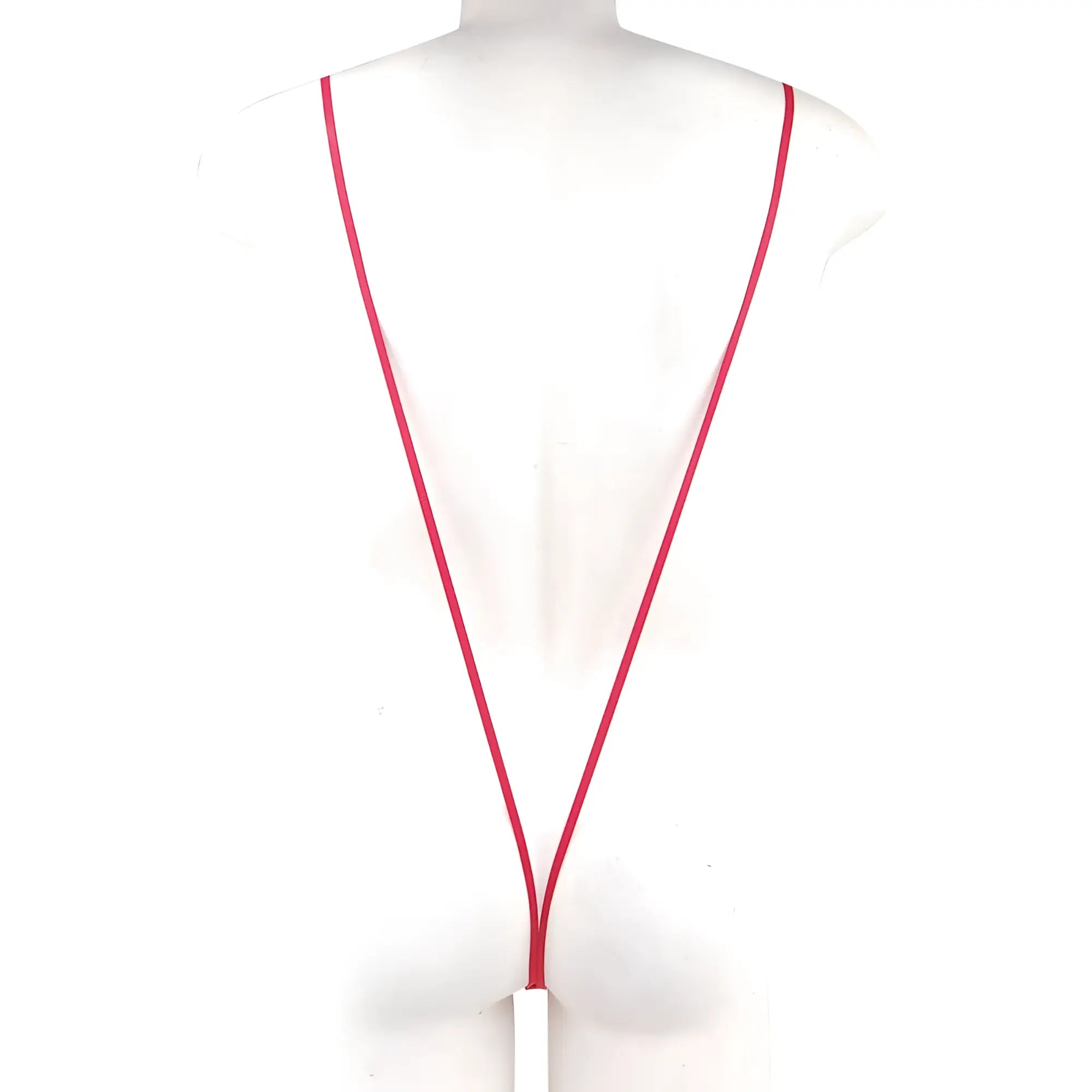 A sleek vibrant red MetroMaleWear Miami bodysuit with a minimalist white rectangular tag at the end of the lanyard
