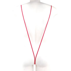 A sleek vibrant red MetroMaleWear Miami bodysuit with a minimalist white rectangular tag at the end of the lanyard