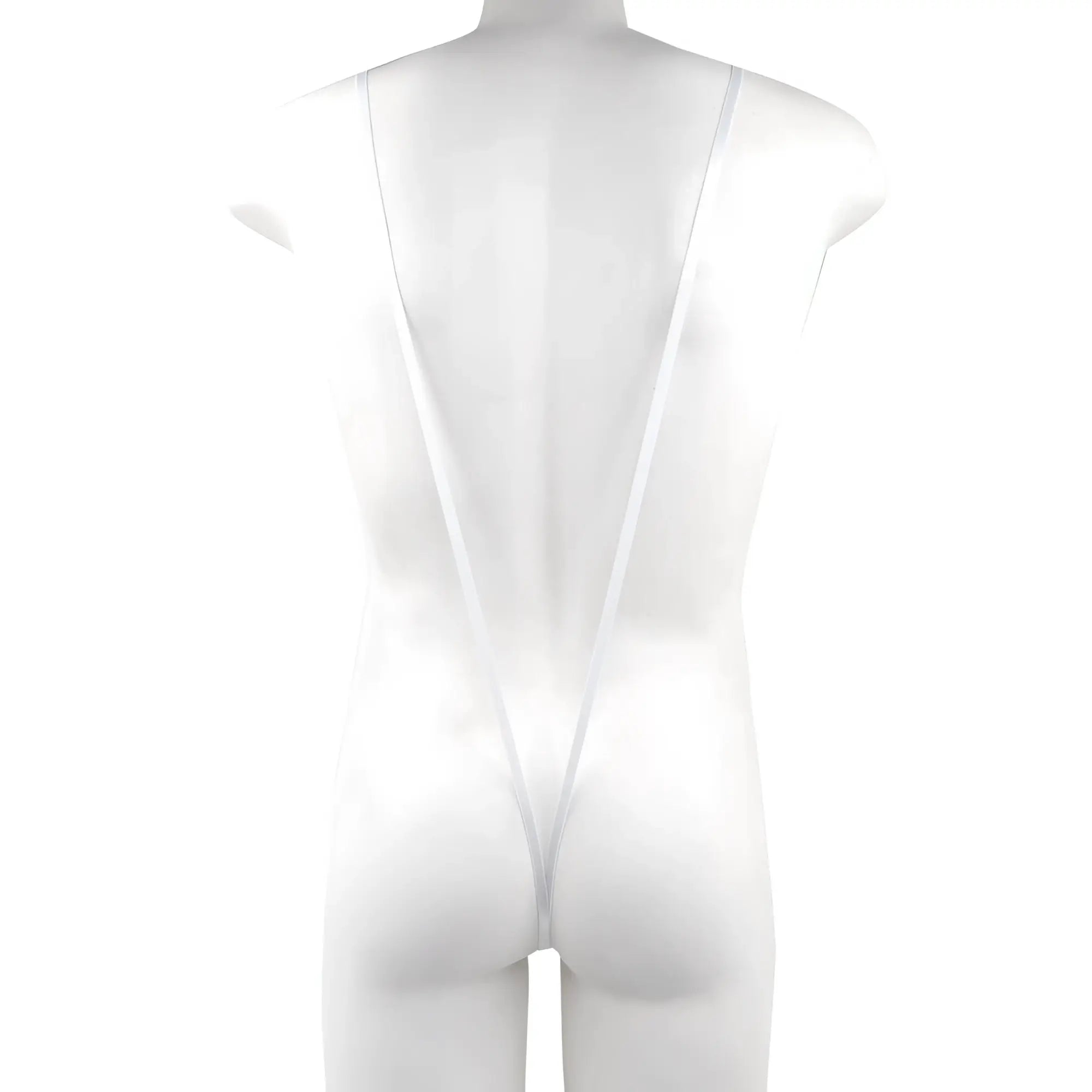 White sheer one-piece swimsuit with thin straps and deep back cutout by metro male wear titled miami bodysuit white 0008-00