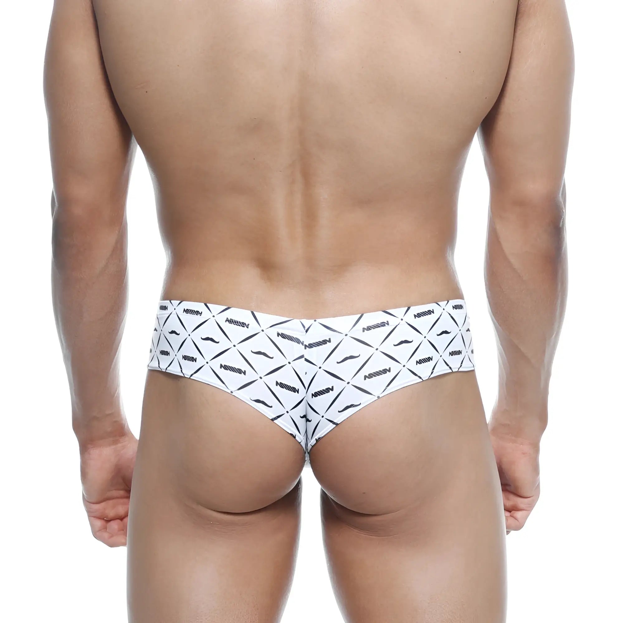 White briefs with bold black geometric and mustache pattern featuring arrow brand name metroMalewear micro cheek caballero 2027-03
