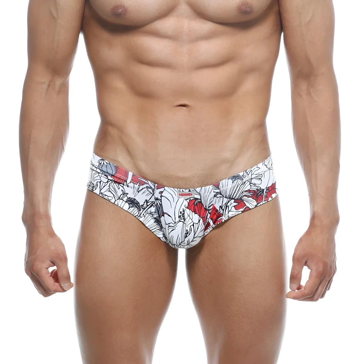 White and red floral-patterned men’s briefs with bold graphic design metro malewear micro cheek escobar 2027-09