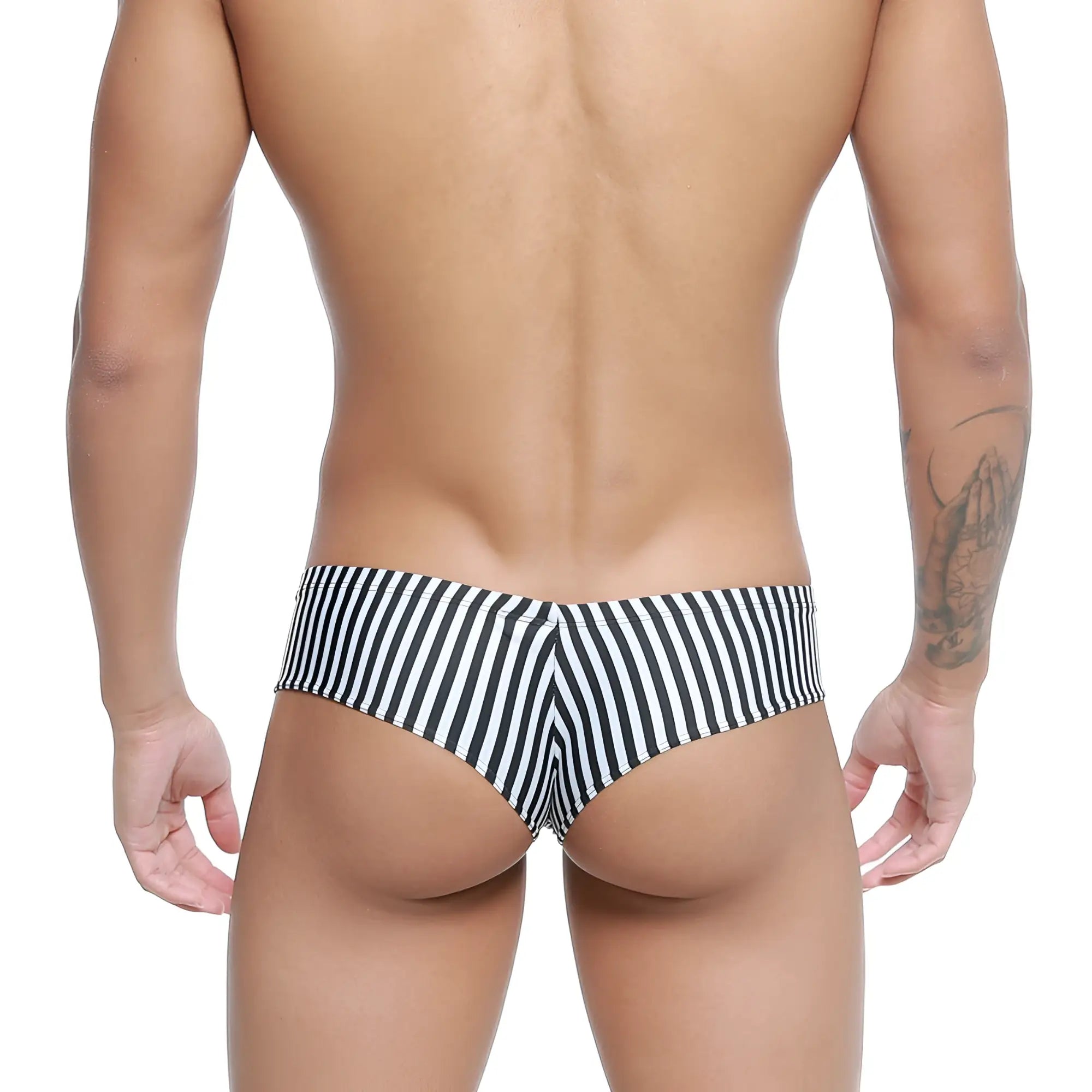 Black and white striped men’s swim trunks with a snug tailored fit from MetroMaleWear micro cheek jail 2027-40